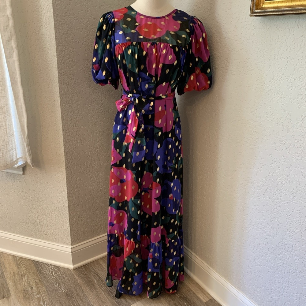 Donna Morgan Maxi Dress Sz 6 Modest Metallic Gold Foil Jewel Tone Colorful